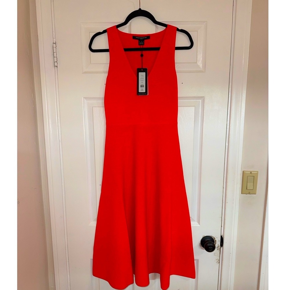 French Connection Miami Orange Knit V Neck Fit Flare Midi Dress NEW S - Picture 5 of 14